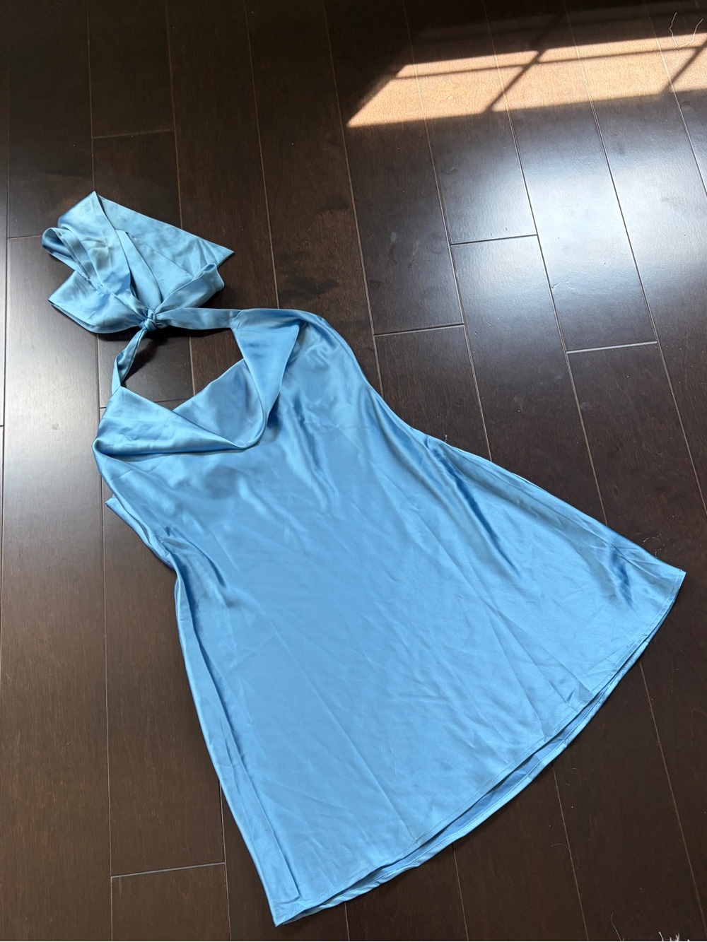 Blue Halter Mini Dress with Tie Neck